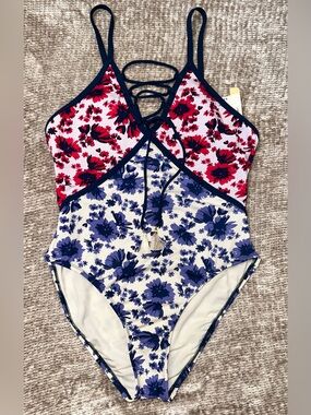 Gibson Girls Floral One-Piece Swimsuit - Red and Blue Floral